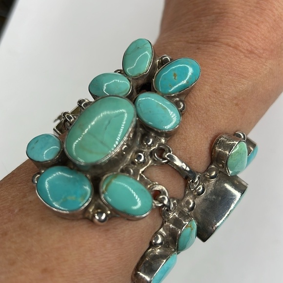 Huge Heavy Real Turquoise Polishes Stone in Full Silver 925 Clasp Bracelet - Picture 12 of 16